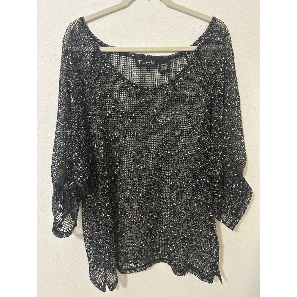 Frazzle Womens XXL Black White Mesh Knit 3/4 Sleeve Scoop Neck Top Layering